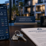 A smartphone on a desk showing a property management dashboard next to house keys and a contract, with a modern apartment building in the background.