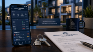 A smartphone on a desk showing a property management dashboard next to house keys and a contract, with a modern apartment building in the background.
