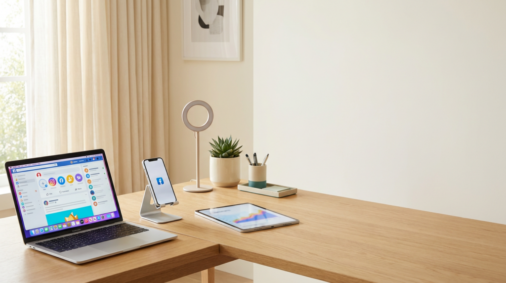 Professional social media manager desk setup with laptop, smartphone, and tablet for content planning.