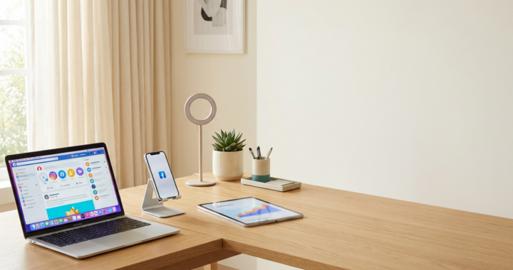 Professional social media manager desk setup with laptop, smartphone, and tablet for content planning.