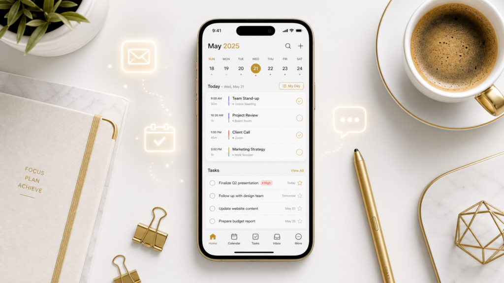 Professional flat-lay of a smartphone office for a Virtual Assistant, featuring task management apps and luxury desk items.