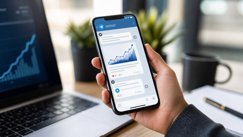 Entrepreneur using Telegram on a smartphone for affiliate marketing