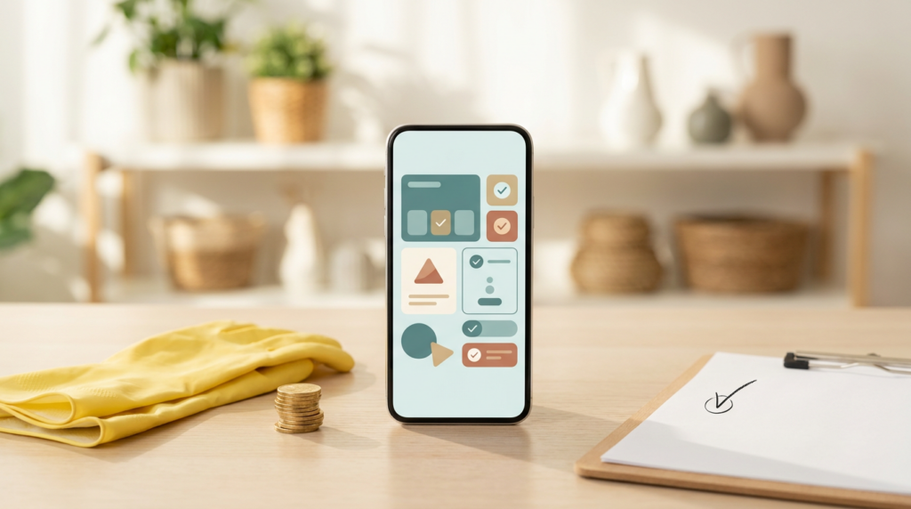 A smartphone showing an abstract franchise checklist dashboard on a desk, next to cleaning gloves, a clipboard, and coins, representing a cleaning franchise review (2026)