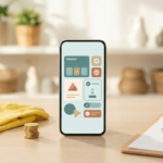 A smartphone showing an abstract franchise checklist dashboard on a desk, next to cleaning gloves, a clipboard, and coins, representing a cleaning franchise review (2026)