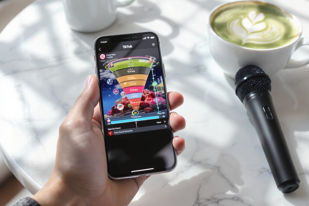 A smartphone held in a clean hand over a marble desk showing a TikTok short-form video editor and a graphic vertical conversion funnel next to a matcha latte and a wireless mic.