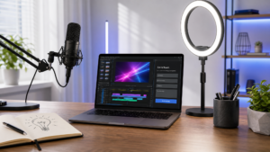 Modern studio workspace desk with ring light and laptop illustrating a TikTok digital agency workflow in 2026