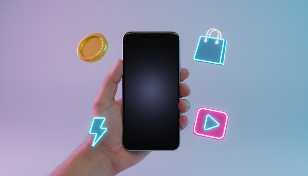 A vibrant 3D representation of a smartphone with colorful TikTok-style icons, coins, and product symbols floating around it.