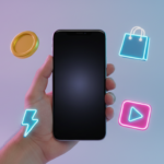 A vibrant 3D representation of a smartphone with colorful TikTok-style icons, coins, and product symbols floating around it.