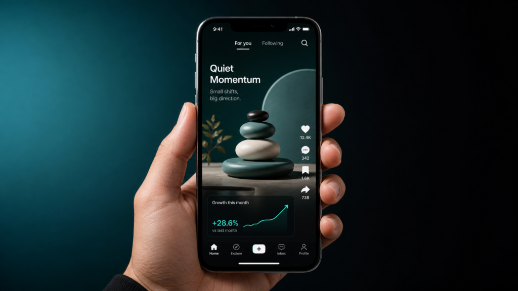 A smartphone showing a vertical video feed with niche content and growth analytics, representing a TikTok niche business strategy.