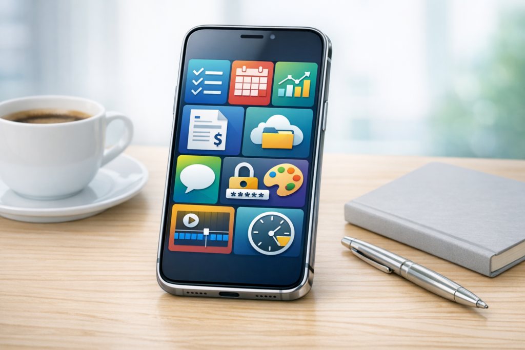 Modern smartphone showing colorful business app icons for tasks, calendar, charts, invoices, cloud storage, security, and video editing.