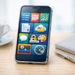 Modern smartphone showing colorful business app icons for tasks, calendar, charts, invoices, cloud storage, security, and video editing.