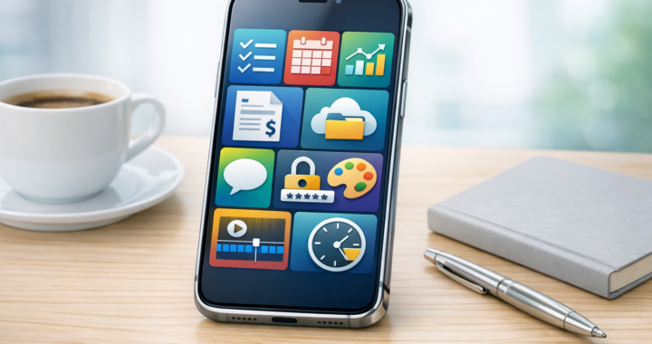 Modern smartphone showing colorful business app icons for tasks, calendar, charts, invoices, cloud storage, security, and video editing.