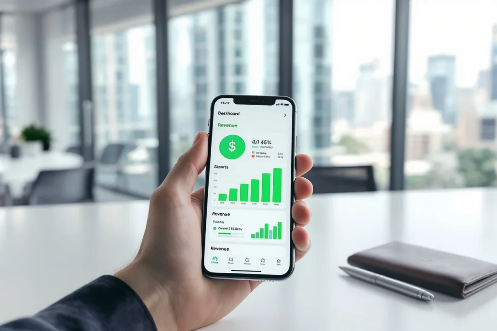 A person holding a smartphone showing a rising green financial revenue dashboard in a modern glass office setting.