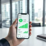 A person holding a smartphone showing a rising green financial revenue dashboard in a modern glass office setting.