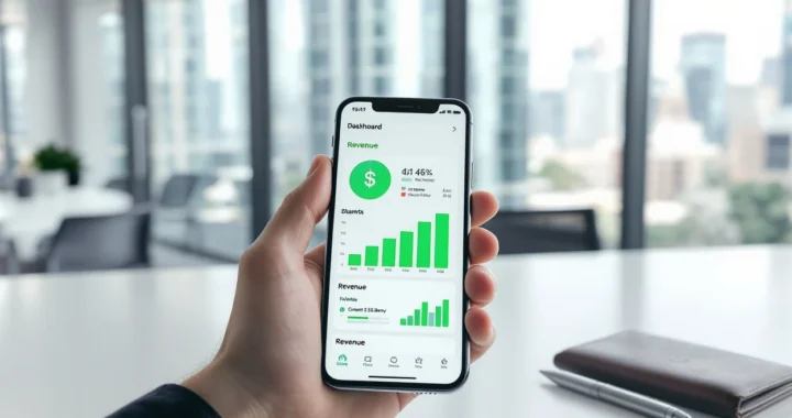 A person holding a smartphone showing a rising green financial revenue dashboard in a modern glass office setting.