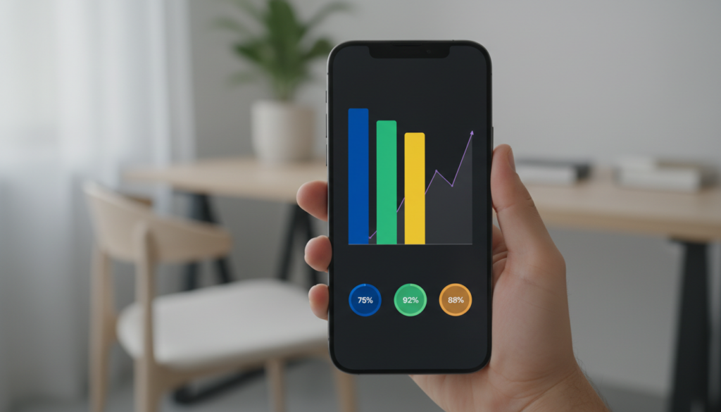 Smartphone screen displaying an analytics dashboard with charts and growth metrics for affiliate marketing tracking.