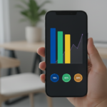 Smartphone screen displaying an analytics dashboard with charts and growth metrics for affiliate marketing tracking.