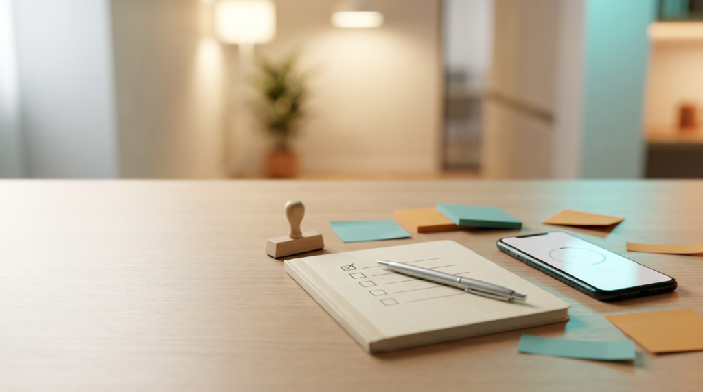 Notebook checklist and smartphone timer on a desk representing validating a business idea in 60 minutes