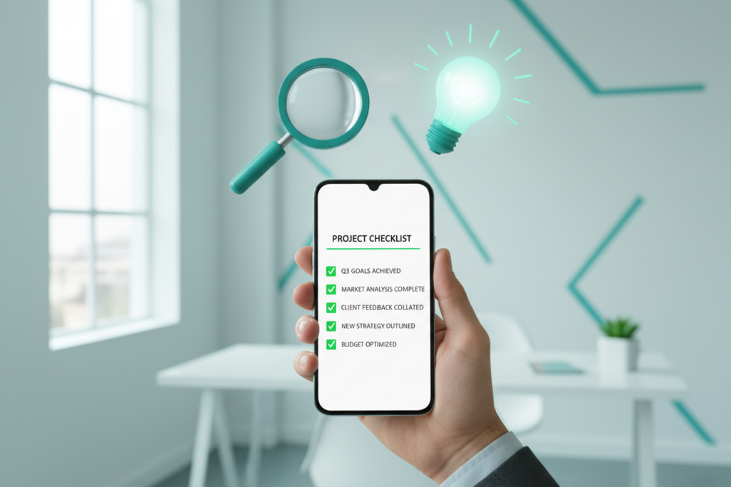 Smartphone on a desk showing a 'Product Validation' checklist with green checkmarks. 3D teal icons of a magnifying glass and a target floating above it.