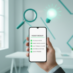 Smartphone on a desk showing a 'Product Validation' checklist with green checkmarks. 3D teal icons of a magnifying glass and a target floating above it.