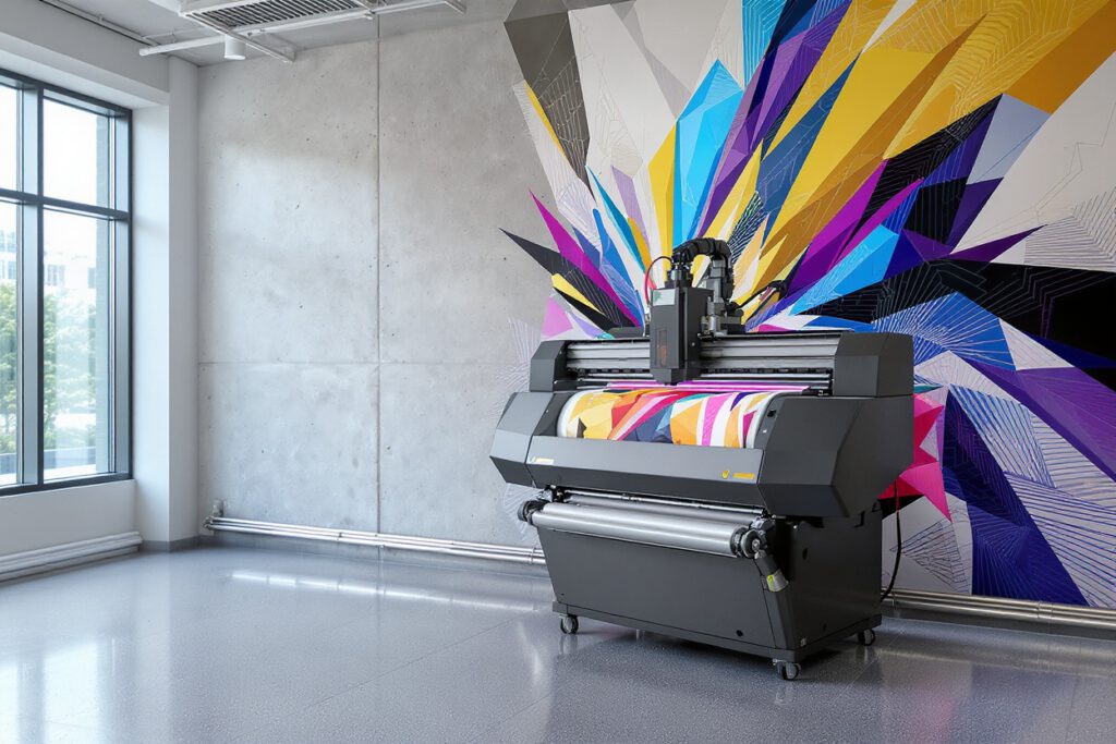 A high-tech vertical wall printing machine printing a colorful abstract geometric mural on a concrete office wall with floor rails.