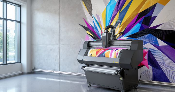 A high-tech vertical wall printing machine printing a colorful abstract geometric mural on a concrete office wall with floor rails.