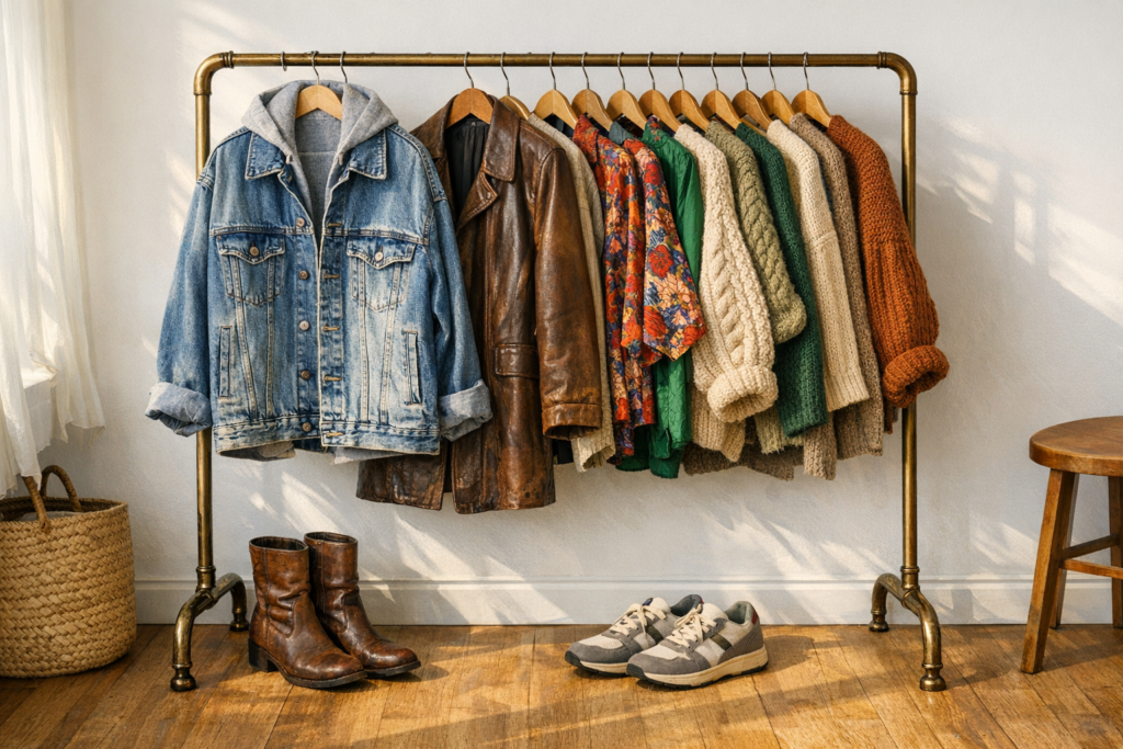 Curated vintage clothing rack with denim jacket, leather coat, and patterned blouses in a bright boutique-style studio.