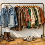 Curated vintage clothing rack with denim jacket, leather coat, and patterned blouses in a bright boutique-style studio.