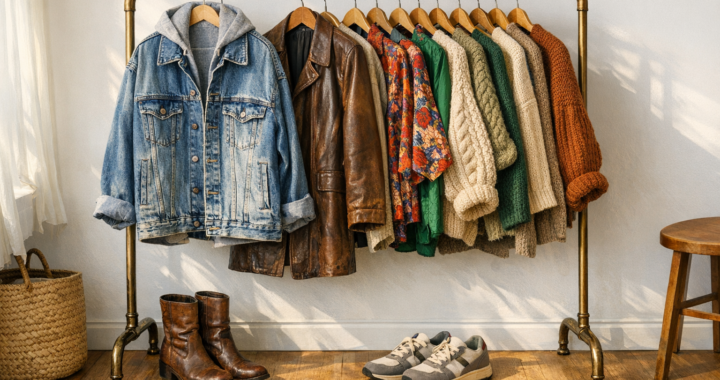 Curated vintage clothing rack with denim jacket, leather coat, and patterned blouses in a bright boutique-style studio.