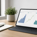 Financial dashboard showing weekly revenue, profit, and cash flow metrics on a clean desk