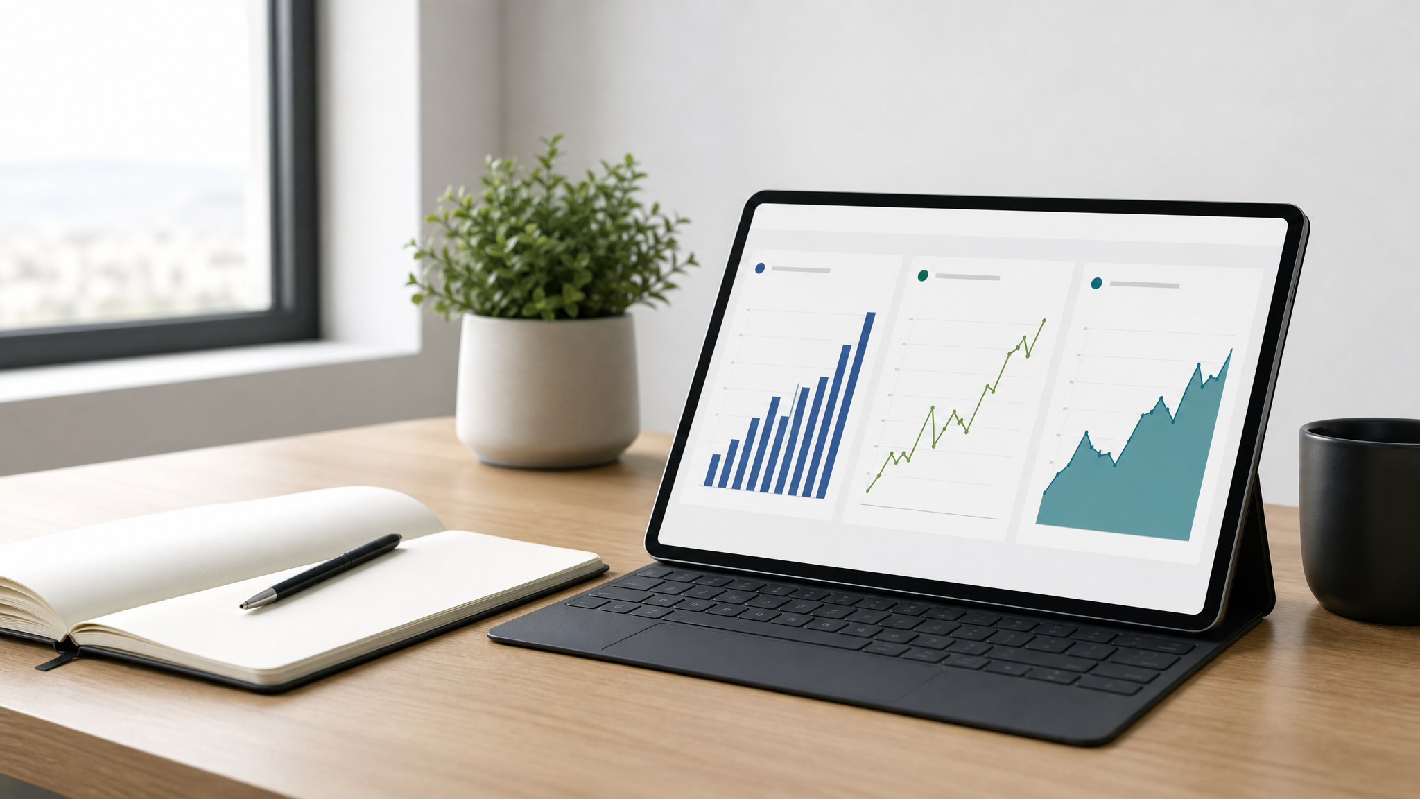 Financial dashboard showing weekly revenue, profit, and cash flow metrics on a clean desk
