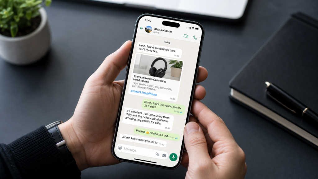 Hand holding a smartphone using WhatsApp for affiliate marketing links