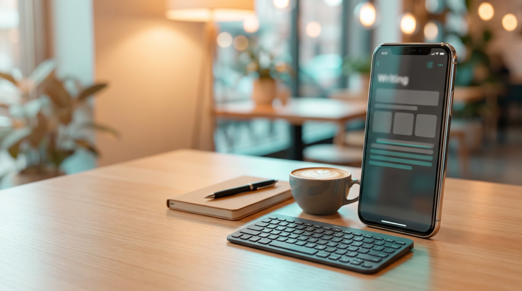 Smartphone with a writing app on a desk with a small keyboard, notebook and coffee (2026)