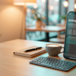 Smartphone with a writing app on a desk with a small keyboard, notebook and coffee (2026)