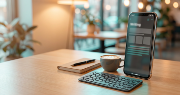 Smartphone with a writing app on a desk with a small keyboard, notebook and coffee (2026)