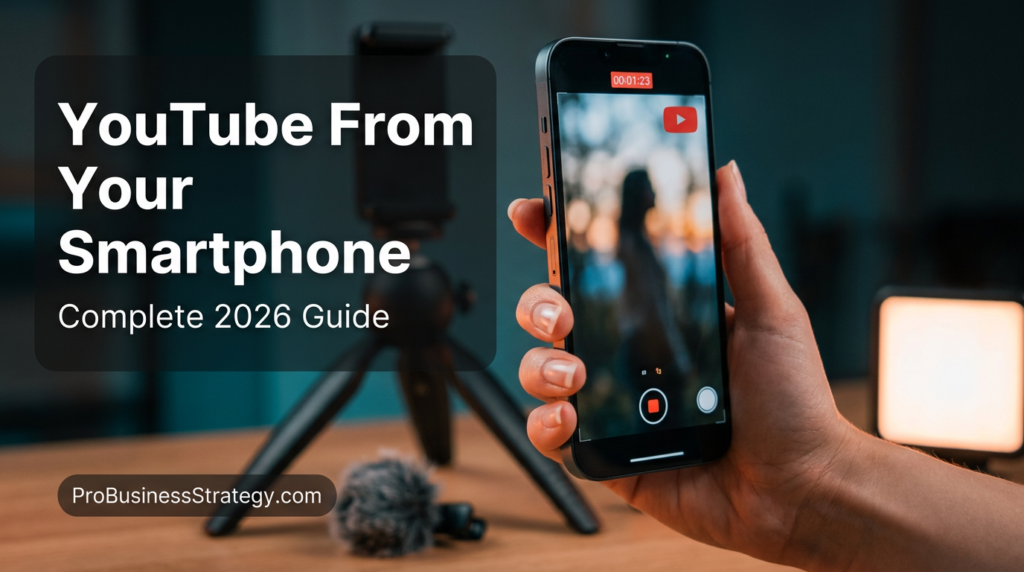 Smartphone entrepreneur filming a YouTube video in 2026 with professional mobile setup