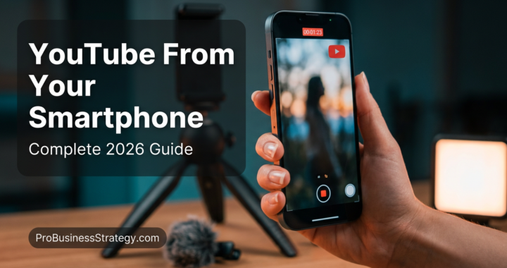 Smartphone entrepreneur filming a YouTube video in 2026 with professional mobile setup