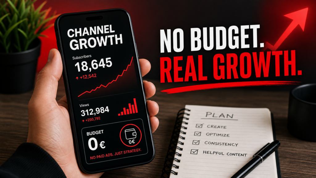 A smartphone displaying a YouTube growth screen with zero budget concept, symbolizing starting a business from nothing.