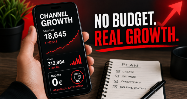 A smartphone displaying a YouTube growth screen with zero budget concept, symbolizing starting a business from nothing.