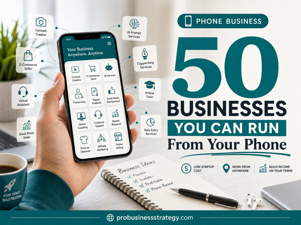 50 businesses you can run from your phone, including content creation, e-commerce, AI services, digital products and mobile freelancing ideas.