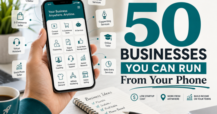 50 businesses you can run from your phone, including content creation, e-commerce, AI services, digital products and mobile freelancing ideas.