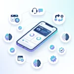 Smartphone surrounded by AI automation icons showing scheduling, customer service, and workflow elements for mobile business.