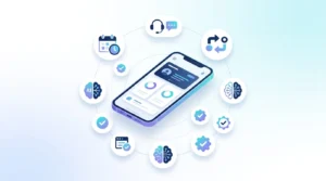 Smartphone surrounded by AI automation icons showing scheduling, customer service, and workflow elements for mobile business.