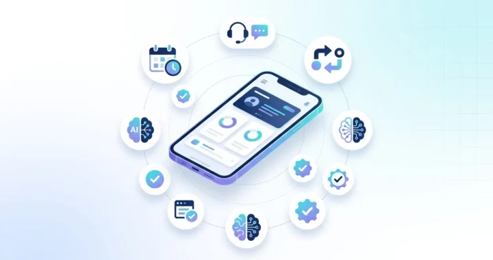 Smartphone surrounded by AI automation icons showing scheduling, customer service, and workflow elements for mobile business.