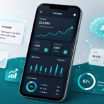 Smartphone showing an AI-powered business analytics dashboard with revenue, traffic, sales, and growth metrics.