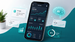 Smartphone showing an AI-powered business analytics dashboard with revenue, traffic, sales, and growth metrics.