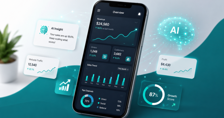 Smartphone showing an AI-powered business analytics dashboard with revenue, traffic, sales, and growth metrics.