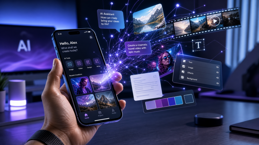 A smartphone with AI-powered creative elements like images, video, text, and design layers emerging from the screen.