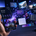 A smartphone with AI-powered creative elements like images, video, text, and design layers emerging from the screen.