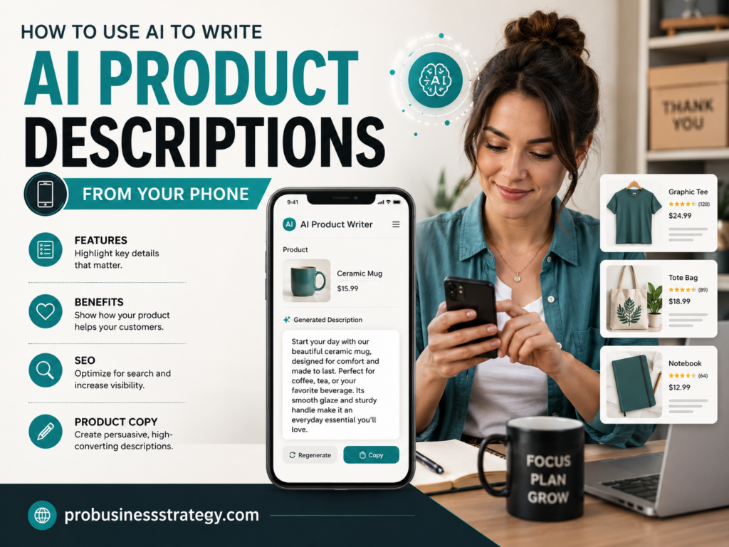 A mobile ecommerce seller using AI on a smartphone to write product descriptions, improve product copy, add SEO details and create better online store listings.